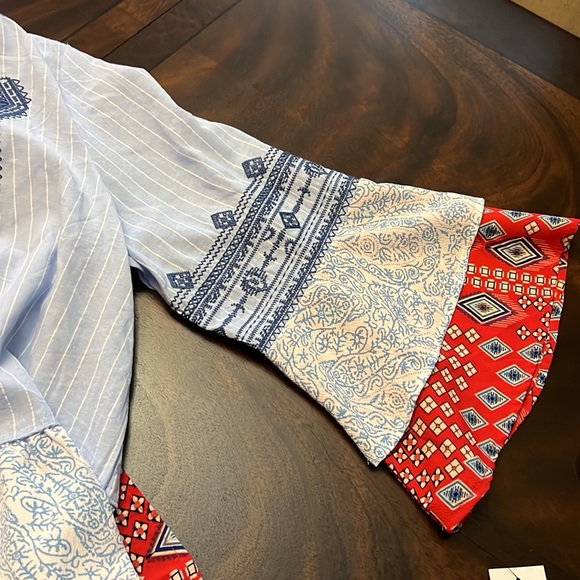 Calessa Patchwork Embroidered Split Round Neck 3/4 Tiered Ruffle Sleeve Tunic - Picture 9 of 11